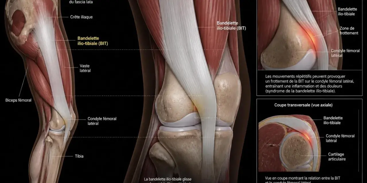 Anatomie du genou montrant le frottement de la bandelette ilio-tibiale sur le condyle fémoral, cause du syndrome de l'exercice essuie-glace.