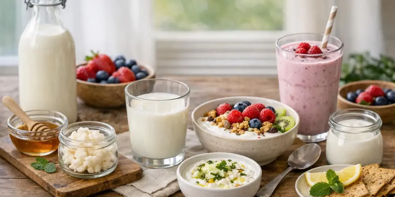 Un assortiment de produits laitiers et de fruits frais, incluant du kefir vivant, du lait, des baies, un smoothie et du yaourt.