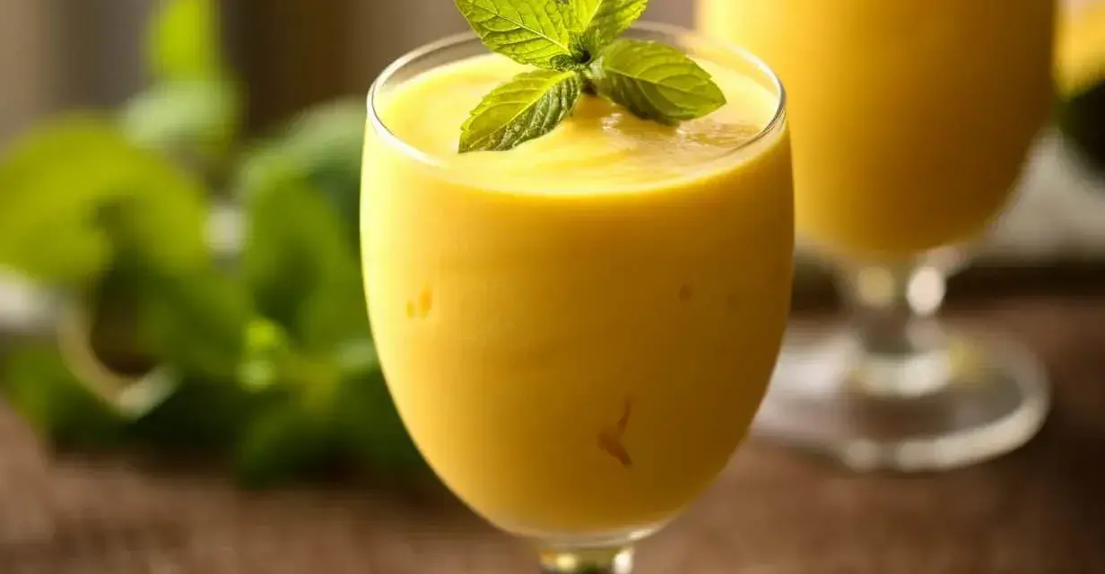 Orzeźwiający mango lassi, gęsty i kremowy, ozdobiony listkiem mięty. Idealny na upalny dzień.