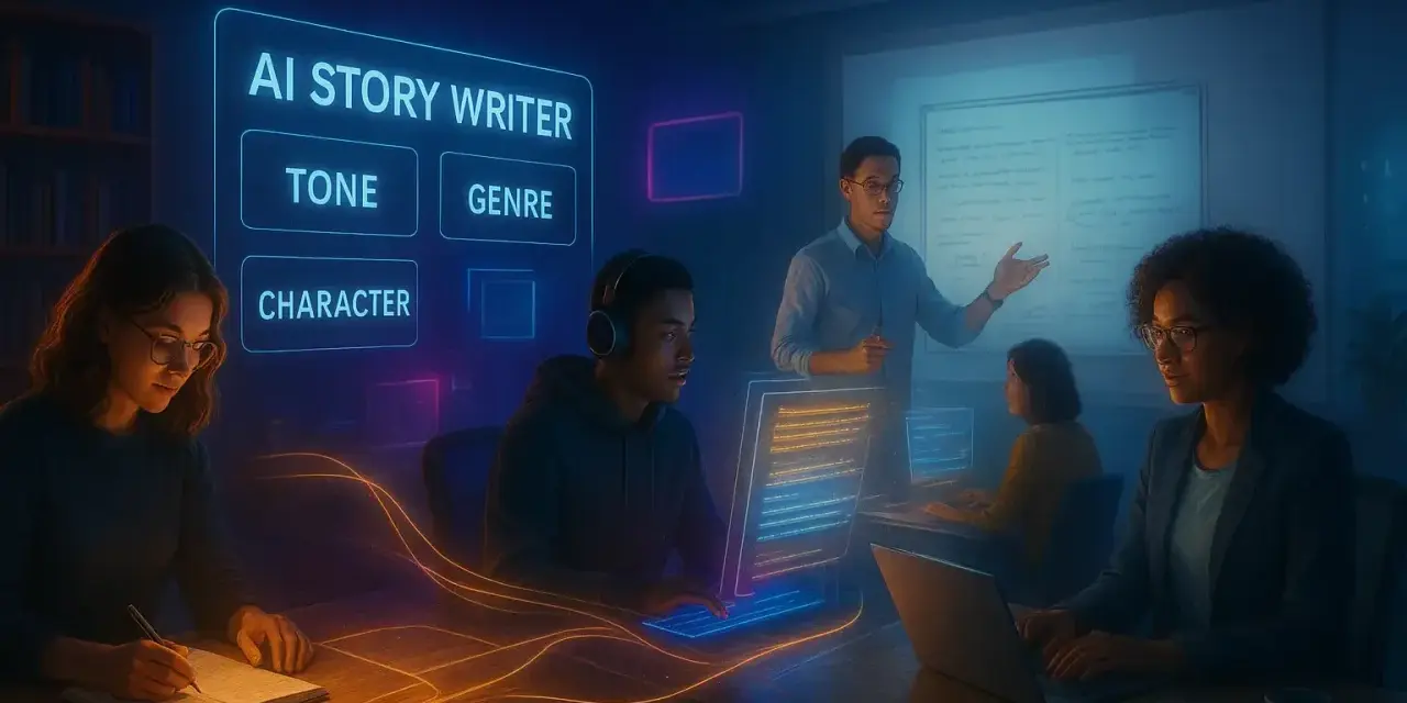 Un grupo de personas trabaja en un aula futurista, usando IA para escribir historias. La pantalla muestra "AI STORY WRITER" con opciones como TONE, GENRE y CHARACTER, sugiriendo una **elipsis narrativa** en la creación de contenido.