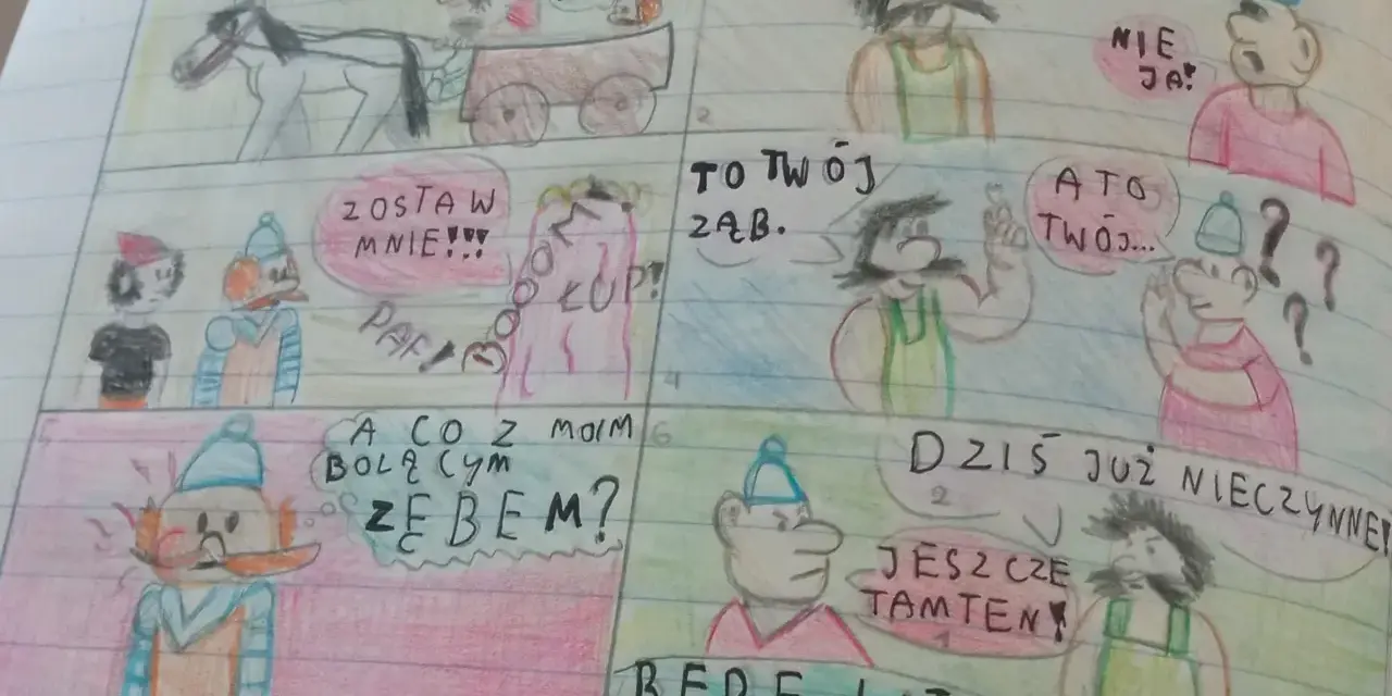 Jak narysować komiks do szkoły? Dzieci rysują historię o zębach i lataniu.