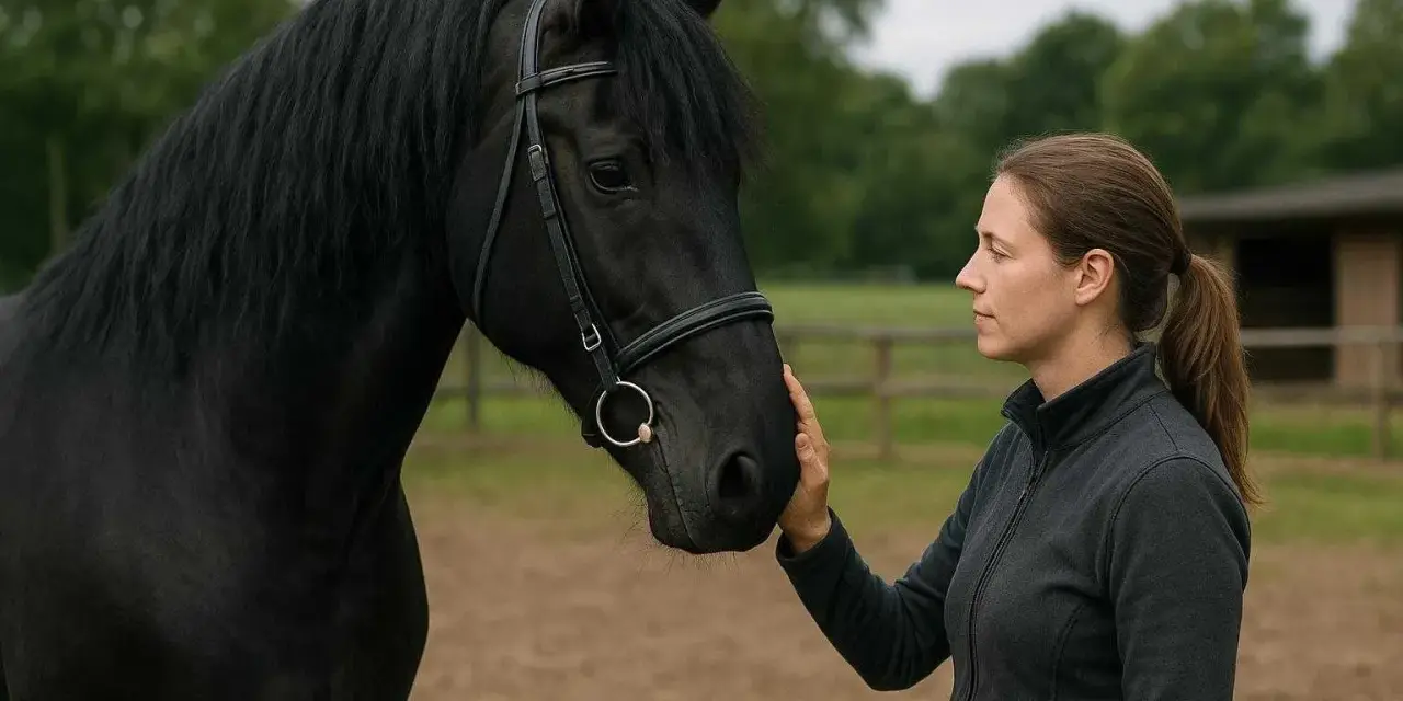 Une femme caresse la tête d'un magnifique cheval frison noir, une connexion paisible dans un pré.