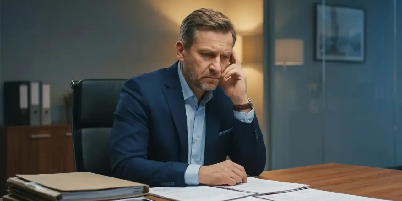 Zamyślony prezes spółki z o.o. przy biurku, zastanawia się, czy odpowiada swoim majątkiem.