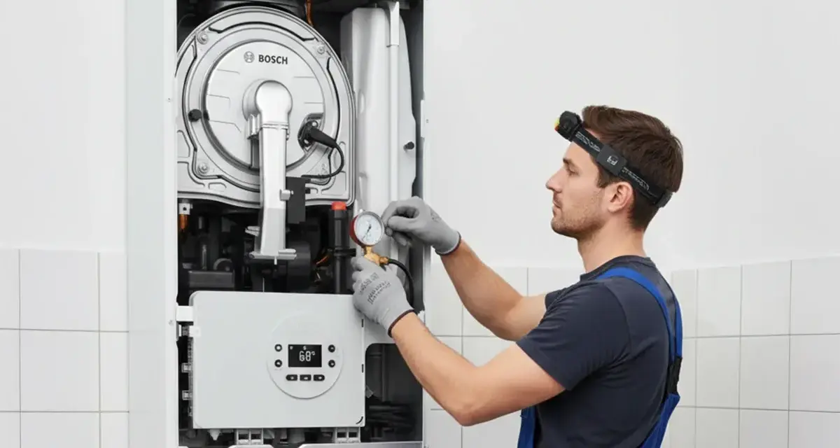 Tecnico controlla la pressione caldaia a 2 bar con manometro.
