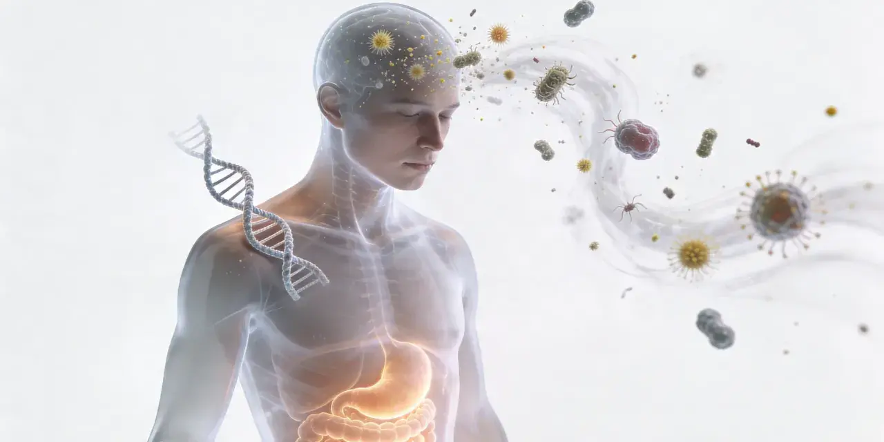 Representación de un cuerpo humano con ADN y virus, sugiriendo una posible alergia al vaper y su impacto en el sistema.