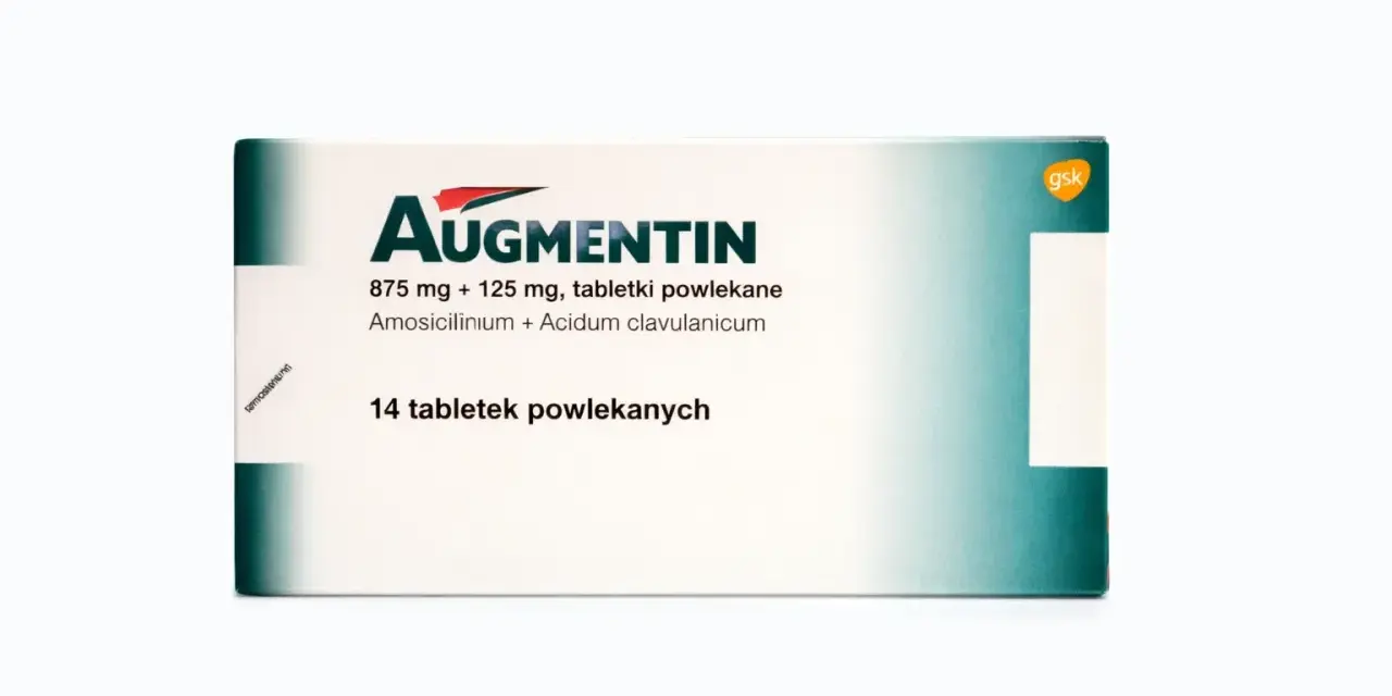 Opakowanie leku Augmentin 875 mg + 125 mg, zawierające 14 tabletek powlekanych.