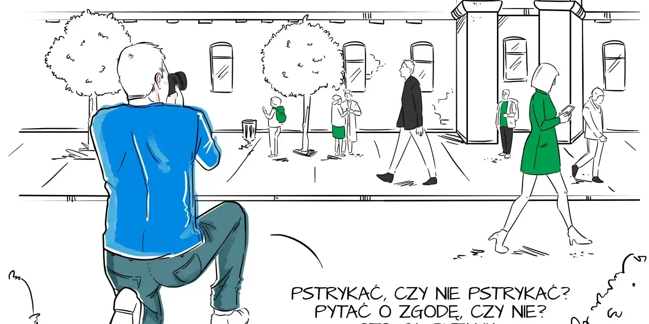 Fotograf klęczy, by zrobić zdjęcie. Zastanawia się, czy pytać o zgodę, jak w umowie rodo dla fotografa.