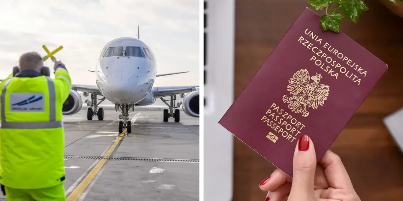 Pracownik lotniska kieruje samolotem, a obok polski paszport. Planujesz podróż z biura paszportowego Jelenia Góra?