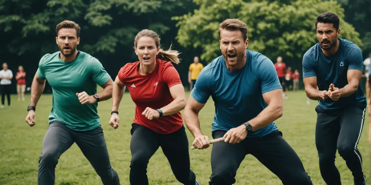 Quatre personnes en tenue de sport courent sur l'herbe, déterminées. Un défi sportif d'entreprise en plein air.