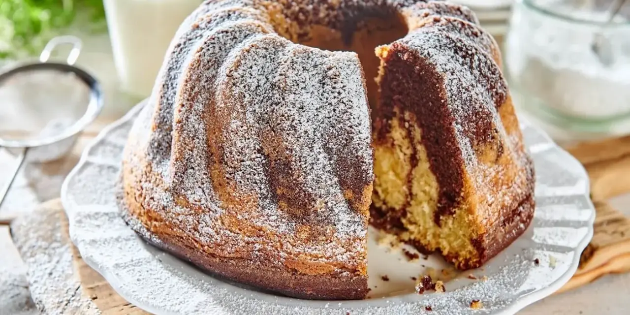 Wilgotna babka marmurkowa na oleju, oprószona cukrem pudrem, kusi apetycznym wyglądem. Idealna na deser.