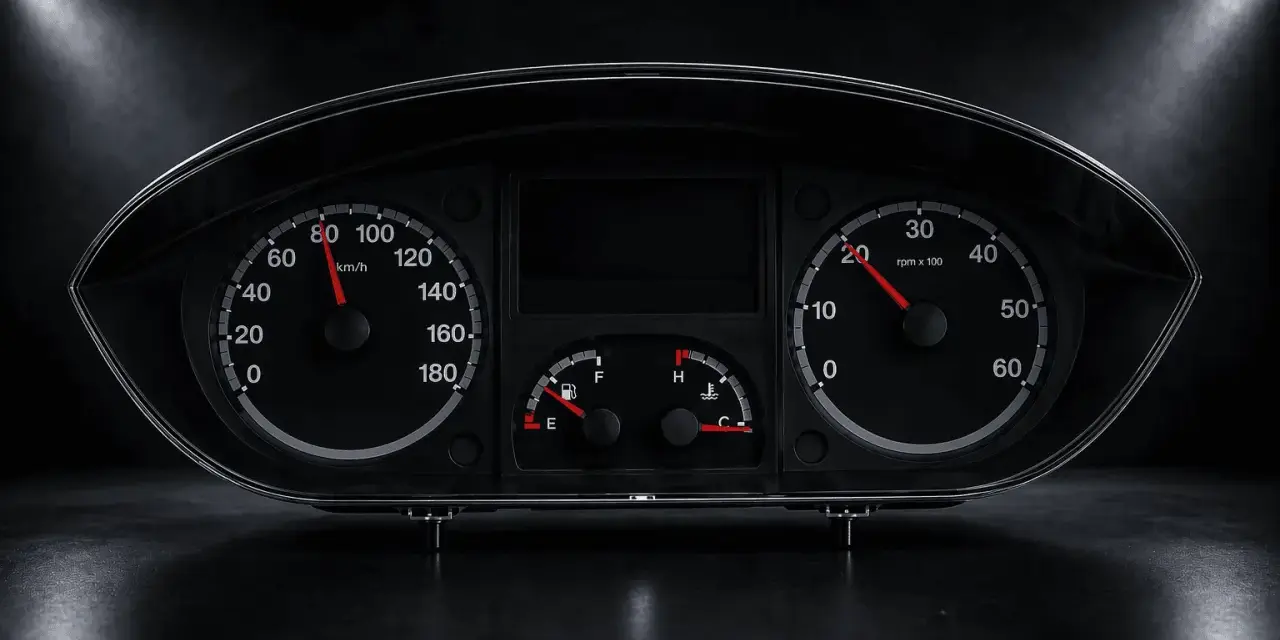 Instrumentpanel symboler Fiat Ducato: hastighetsmätare, varvräknare, bränsle- och temperaturmätare.