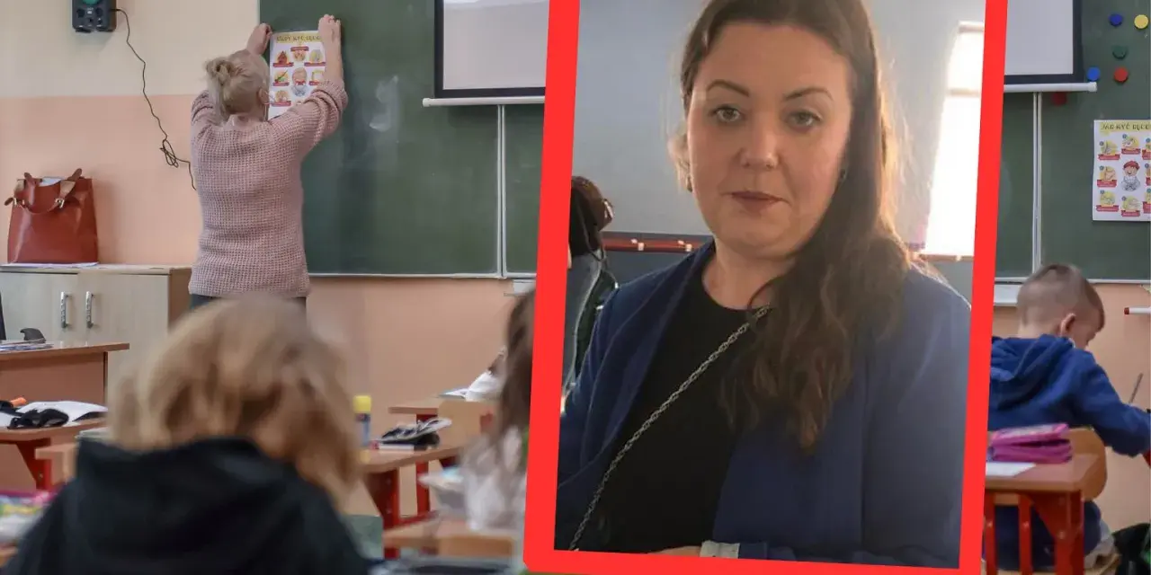 Nauczycielka pomaga uczniom z problemami z matematyką. W tle widać dzieci siedzące w ławkach.