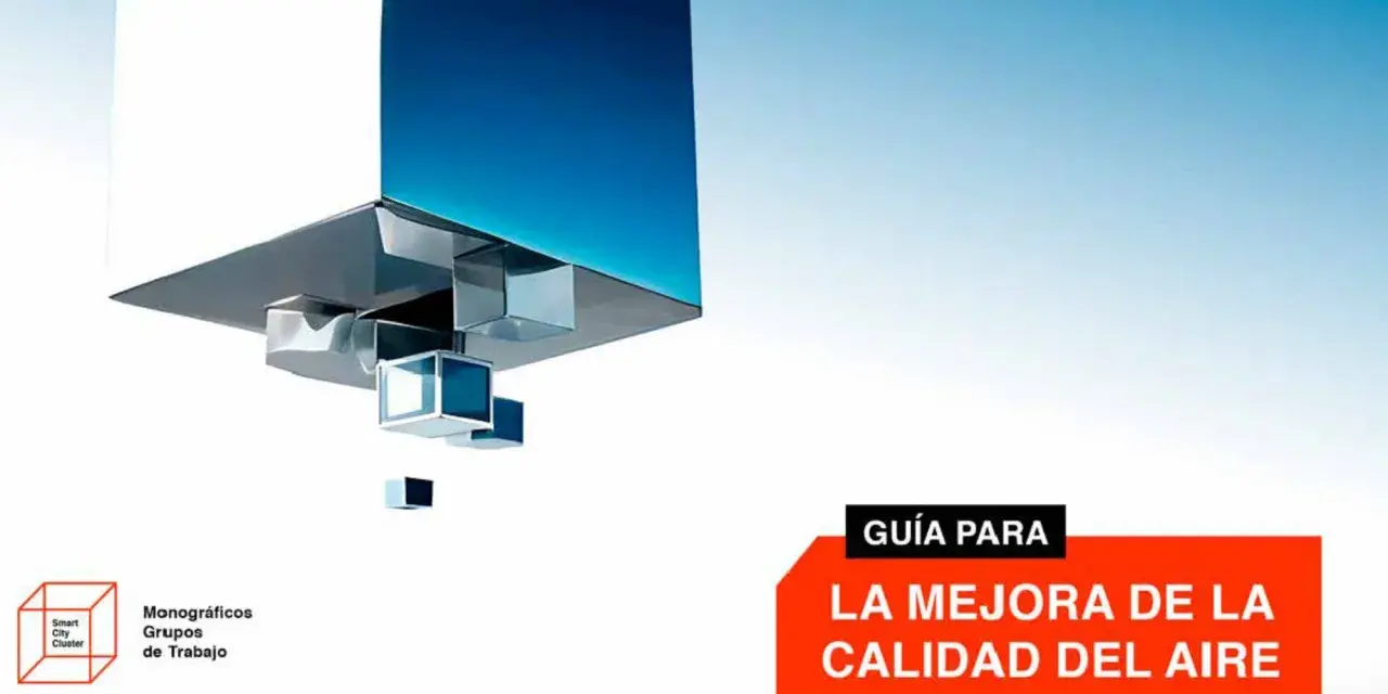 Guía para la mejora de la calidad del aire, con cubos abstractos y el logo de Smart City Cluster.