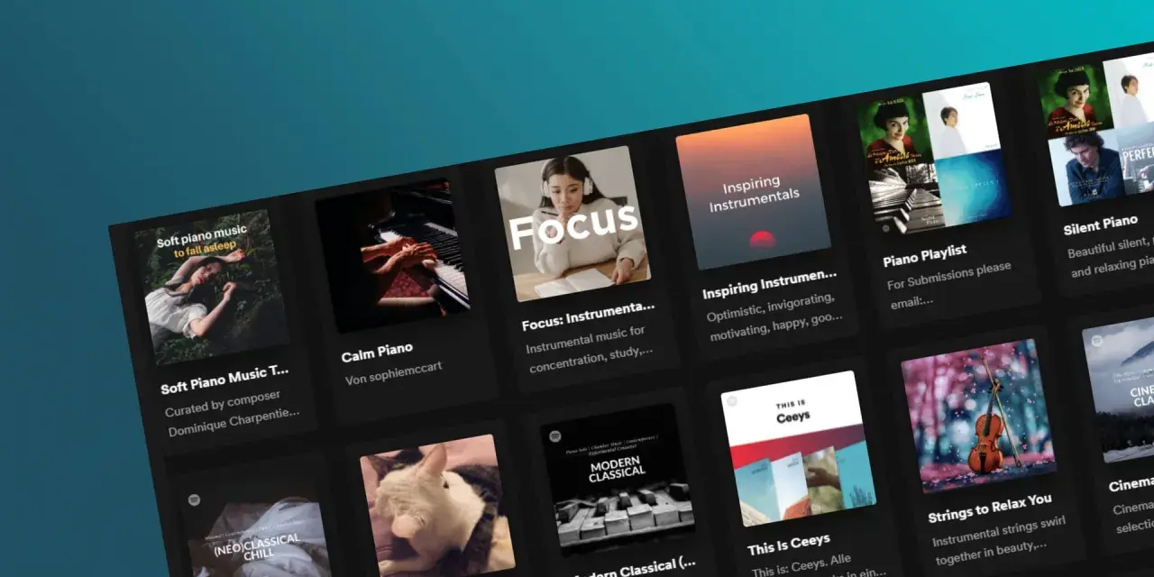 Spotify-Oberfläche mit vielen best Spotify playlists, darunter "Soft Piano Music", "Focus" und "Inspiring Instrumentals".
