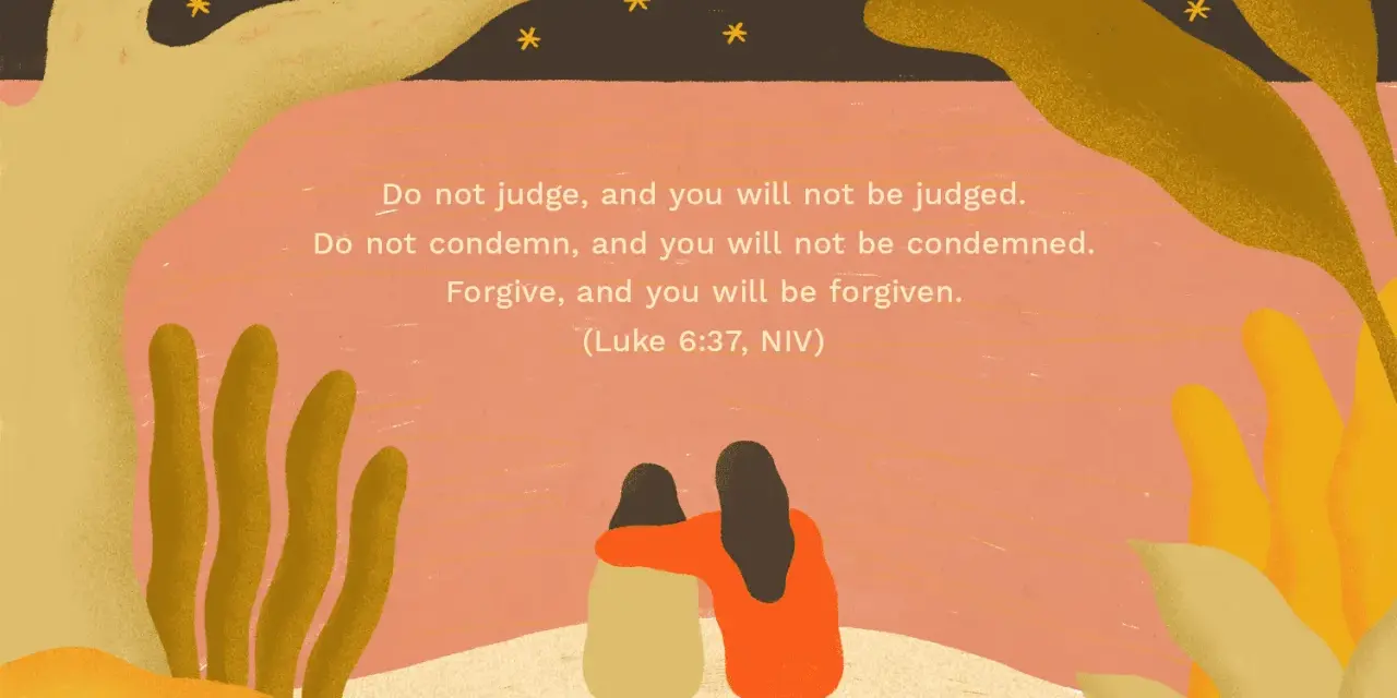 Two figures embrace under a starry sky, with bible verses about forgiving others who hurt you.
