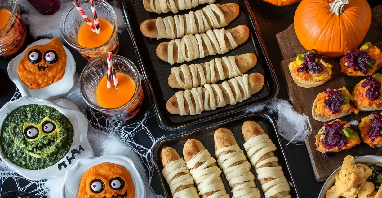 En härlig Halloween-buffé med mumiekorvar, pumpor och läskiga dippar. Perfekt för en mumie halloween-fest!