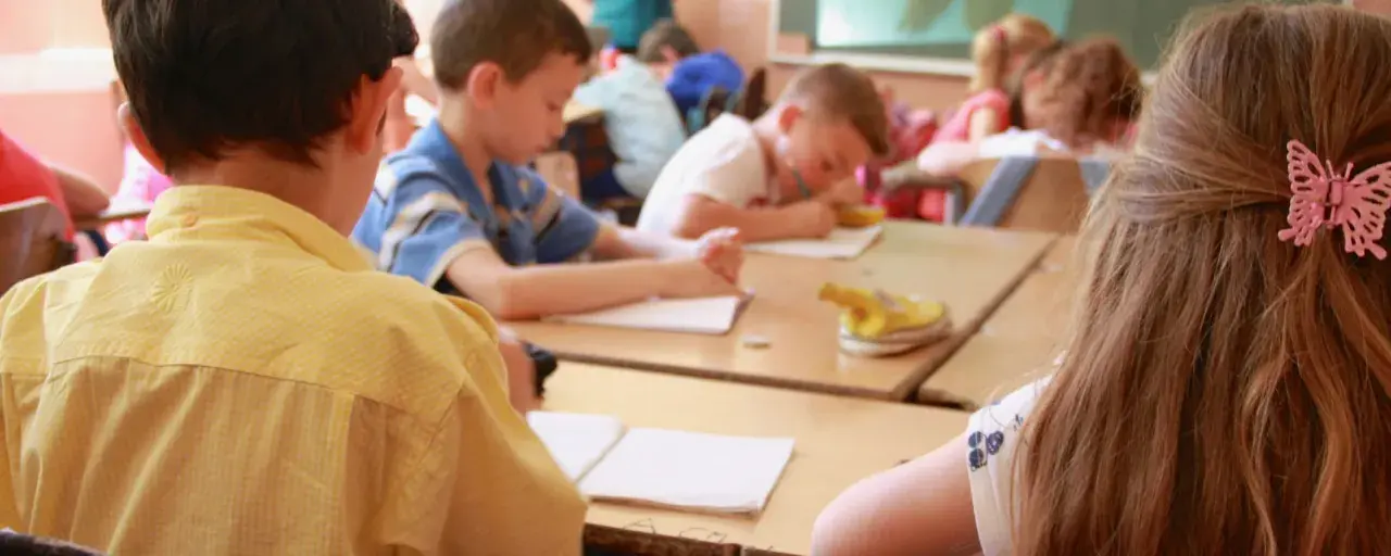 Bambini in classe studiano, un esempio di come le scienze pedagogiche cos'è, osservando l'apprendimento.