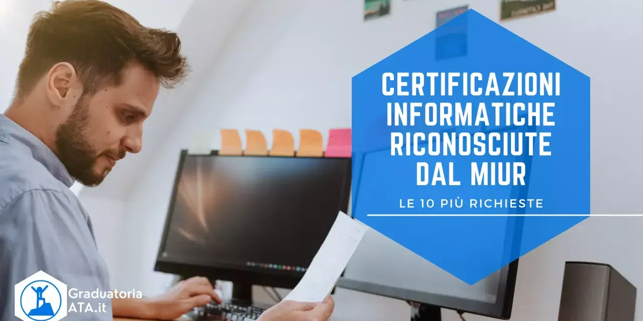 Uomo al computer con testo "Certificazioni informatiche riconosciute dal MIUR".