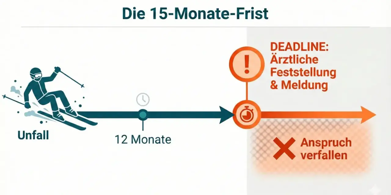 Schema zur 15-Monate-Frist nach einem Unfall. Nach 12 Monaten ist eine ärztliche Feststellung und Meldung für die Unfallversicherung und Schmerzensgeld nötig, sonst verfällt der Anspruch.