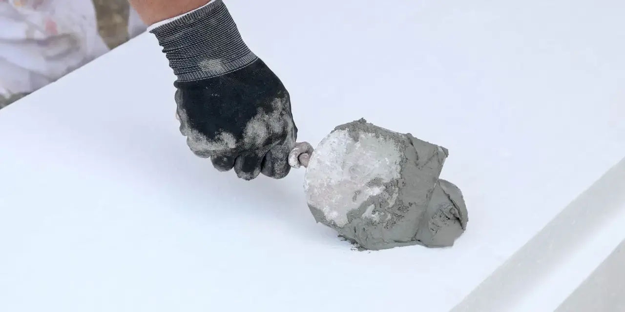 Ręka w rękawicy nakłada zaprawę na styropian. To pokazuje, jaki klej do styropianu wybrać do prac termoizolacyjnych.