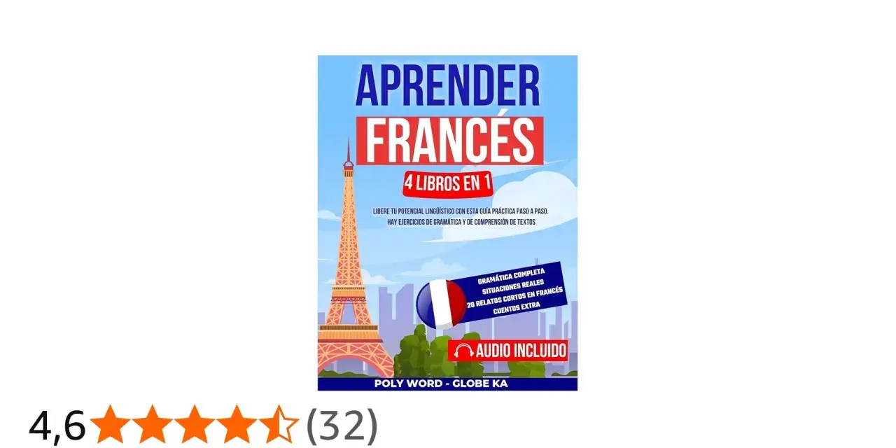 Portada de libro "Aprender Francés", con la Torre Eiffel y la bandera francesa. Incluye "comic en francés" y "audio incluido".