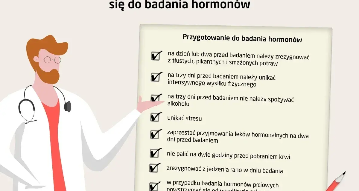Lekarz z listą kontrolną przygotowania do badań hormonów. Unikaj stresu, alkoholu i tłustych potraw, by wyniki były wiarygodne.