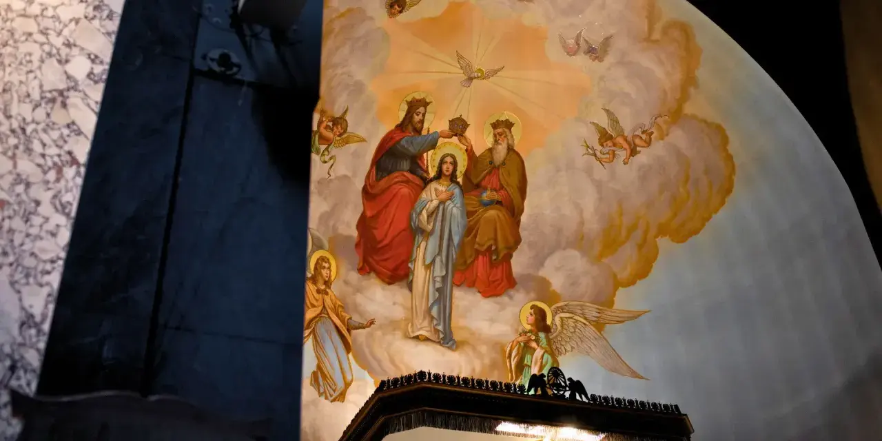 Obraz przedstawia scenę Koronacji Matki Bożej, symbolizującą jej wniebowzięcie nmp. W chmurach, wśród aniołów, Bóg Ojciec i Syn koronują Maryję.