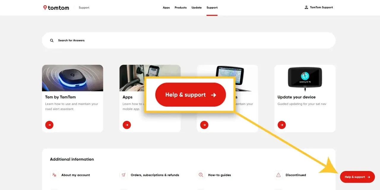 Strona wsparcia TomTom. Kliknij "Help & support", aby uzyskać pomoc.