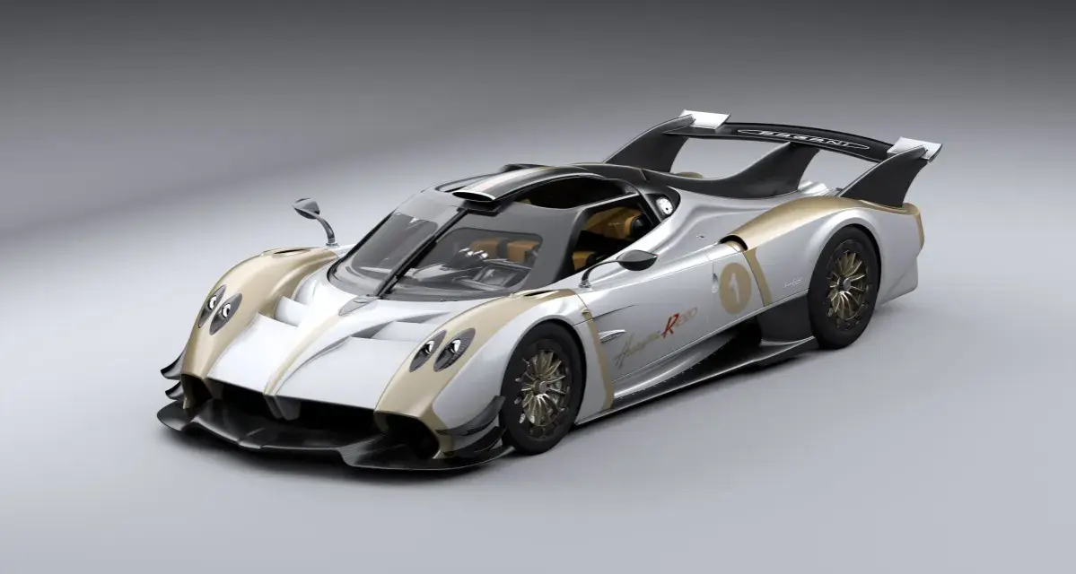 Srebrno-złoty Pagani Huayra R Evo z numerem 1, gotowy do wyścigu.