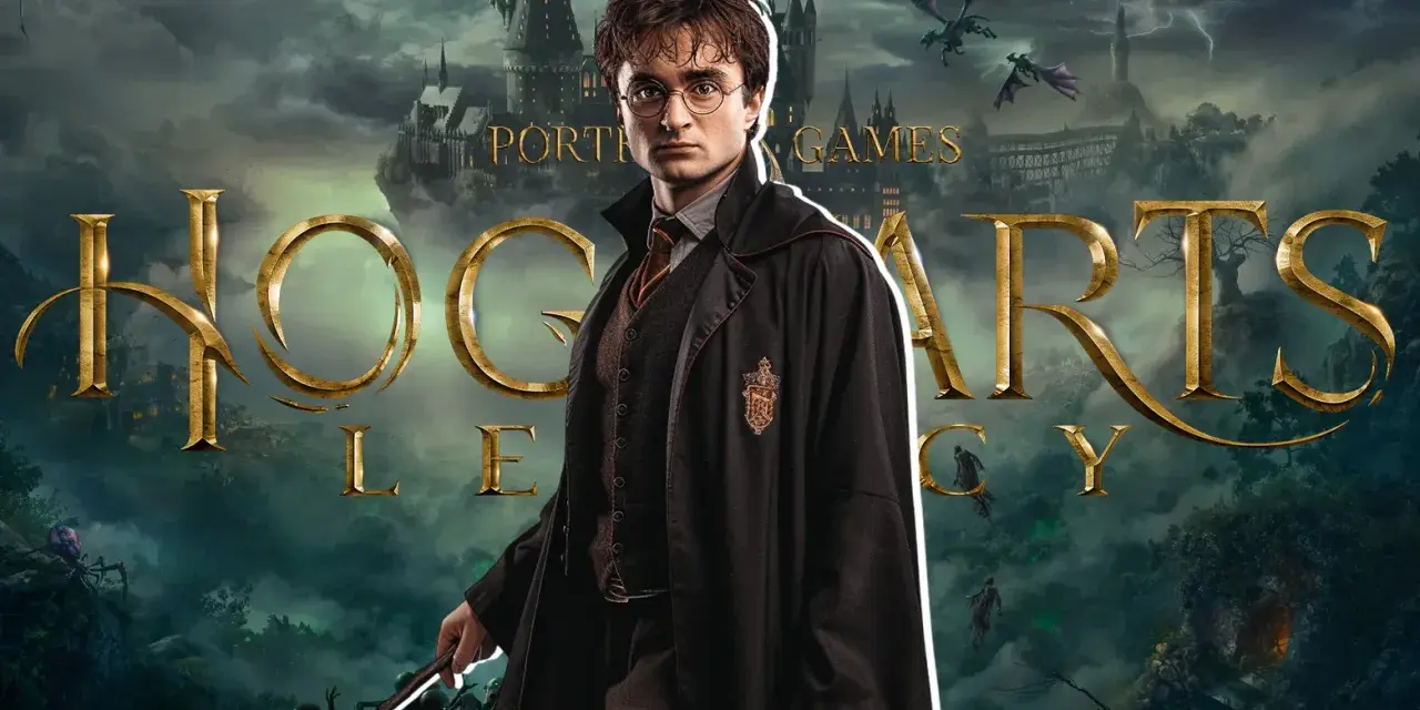 Harry Potter, con su túnica y varita, se alza ante el castillo de Hogwarts. El logo de "Hogwarts Legacy 2" brilla en dorado, rodeado de dragones y misterio.