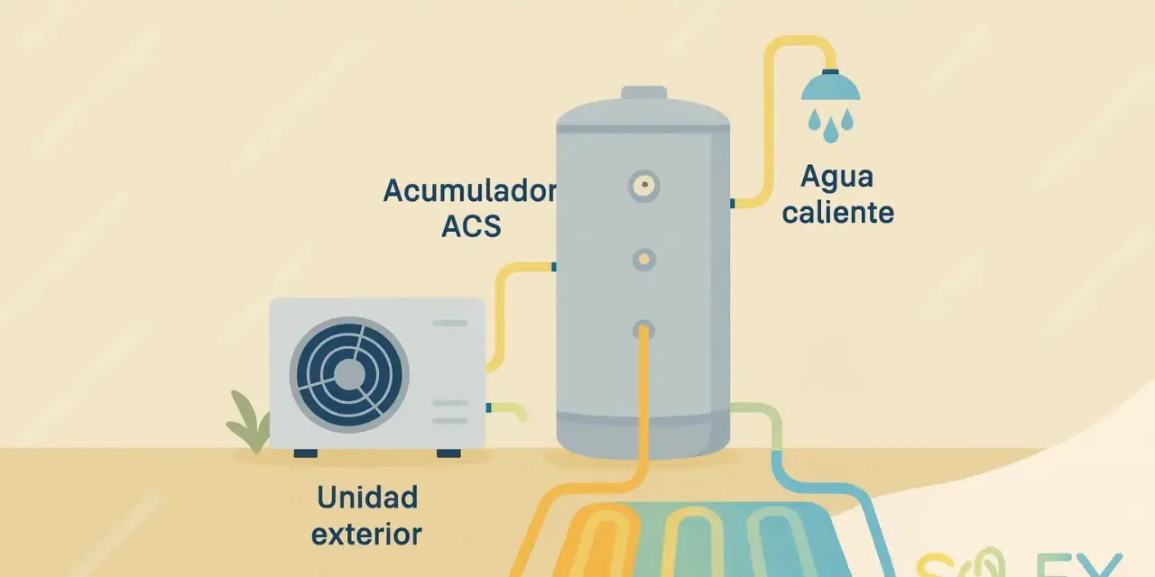 Bomba de calor ACS con unidad exterior, acumulador de agua caliente sanitaria y suelo radiante.