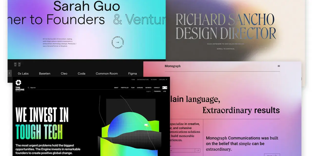 Moderne Websites mit klarem Layout und Farbverläufen. Ein Beispiel für gutes Webdesign, das Informationen über Gründer, Investitionen und Design präsentiert.