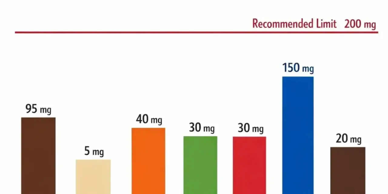 Kawa w ciąży: porównanie zawartości kofeiny w napojach. Zalecany limit to 200 mg. Kawa (95 mg) i napoje energetyczne (150 mg) mają najwięcej.