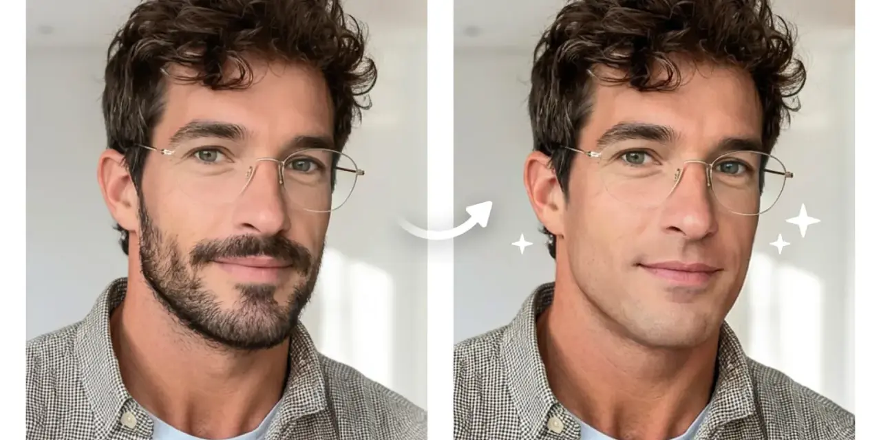 Un hombre con barba sin bigote se transforma a un rostro afeitado y radiante.