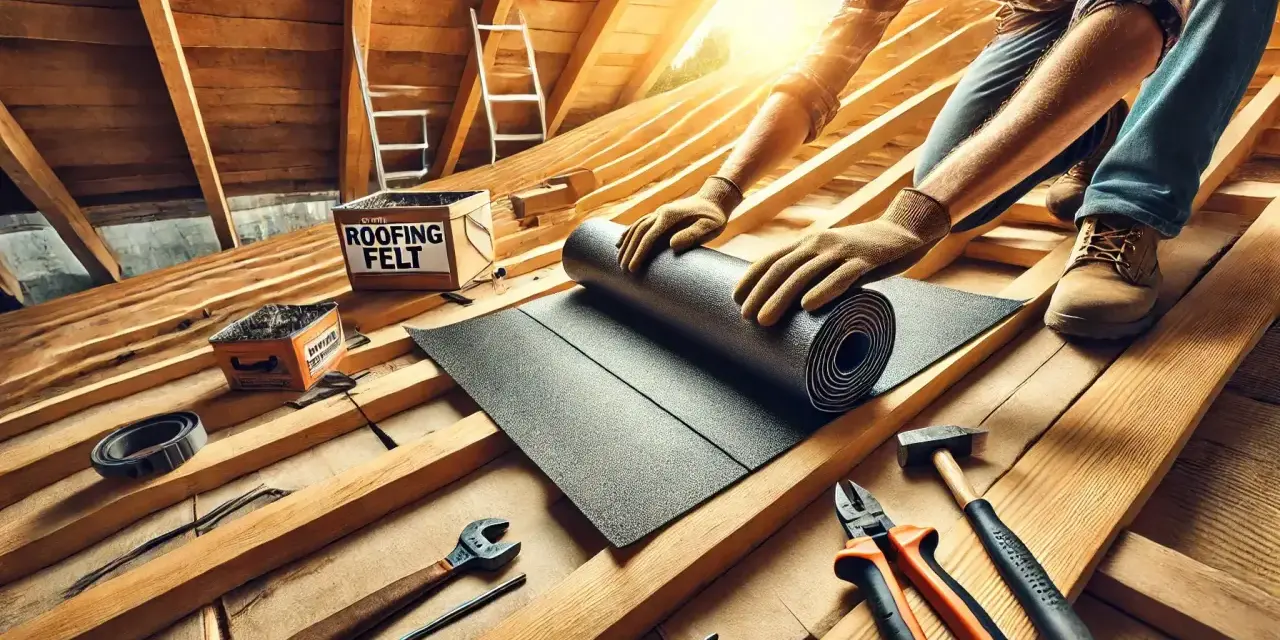 Ręce w rękawiczkach rozwijają najlepszą papę termozgrzewalną na drewnianym dachu. Narzędzia i skrzynka z napisem "ROOFING FELT" czekają.
