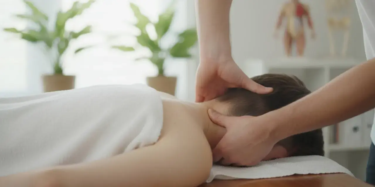 Terapia manualna karku, delikatna manipulacja powięzi dla ulgi w napięciu.