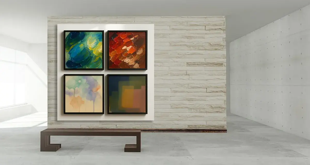 Un banc en bois devant un mur de briques, présentant quatre œuvres d'art : différent type de peinture dessin abstrait.