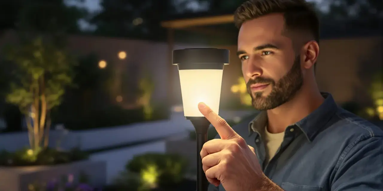 Un homme touche une lampe solaire extérieure, illustrant le fonctionnement on/off de l'éclairage de jardin.