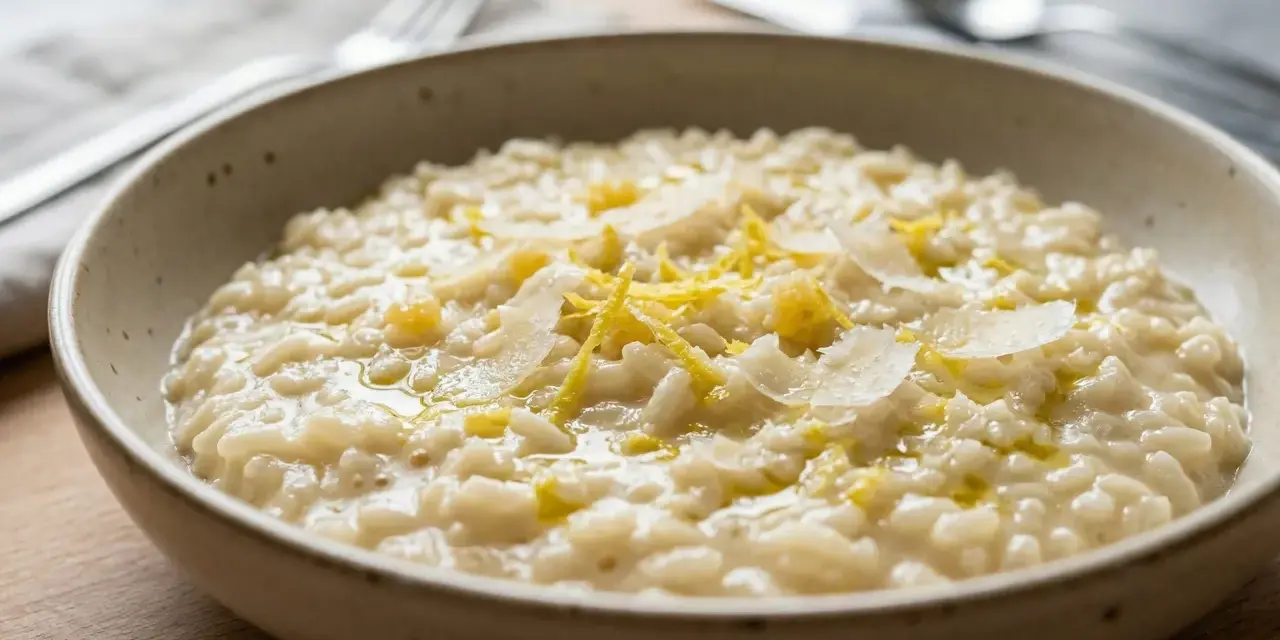 Un cremoso risotto al limone, guarnito con scorza di limone e scaglie di parmigiano, pronto per essere gustato.