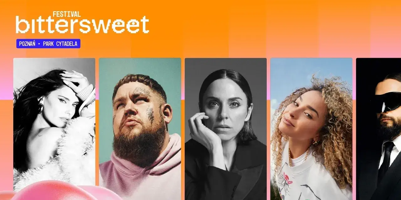 Plakaty artystów na festiwalu Bittersweet 2026 w Poznaniu: artystka w białym futrze, mężczyzna z tatuażami, Melanie C, kobieta z kręconymi włosami i mężczyzna w okularach.