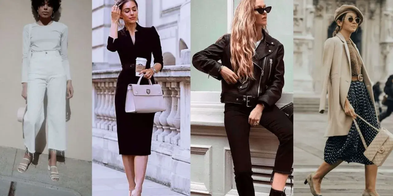 Quatre femmes présentent différents styles vestimentaires : blanc monochrome, robe noire élégante, perfecto rock, et tenue chic avec béret.