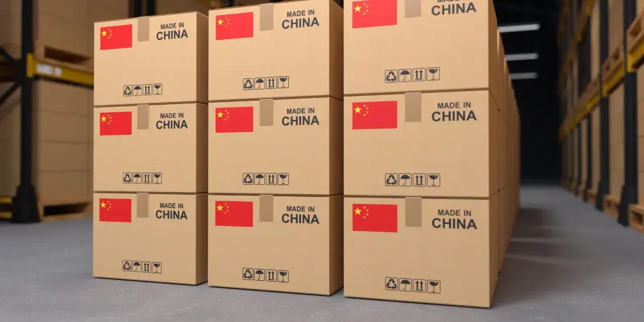 Stosy kartonów z flagą Chin i napisem "MADE IN CHINA" czekają na procedurę dopuszczenia do obrotu w magazynie.