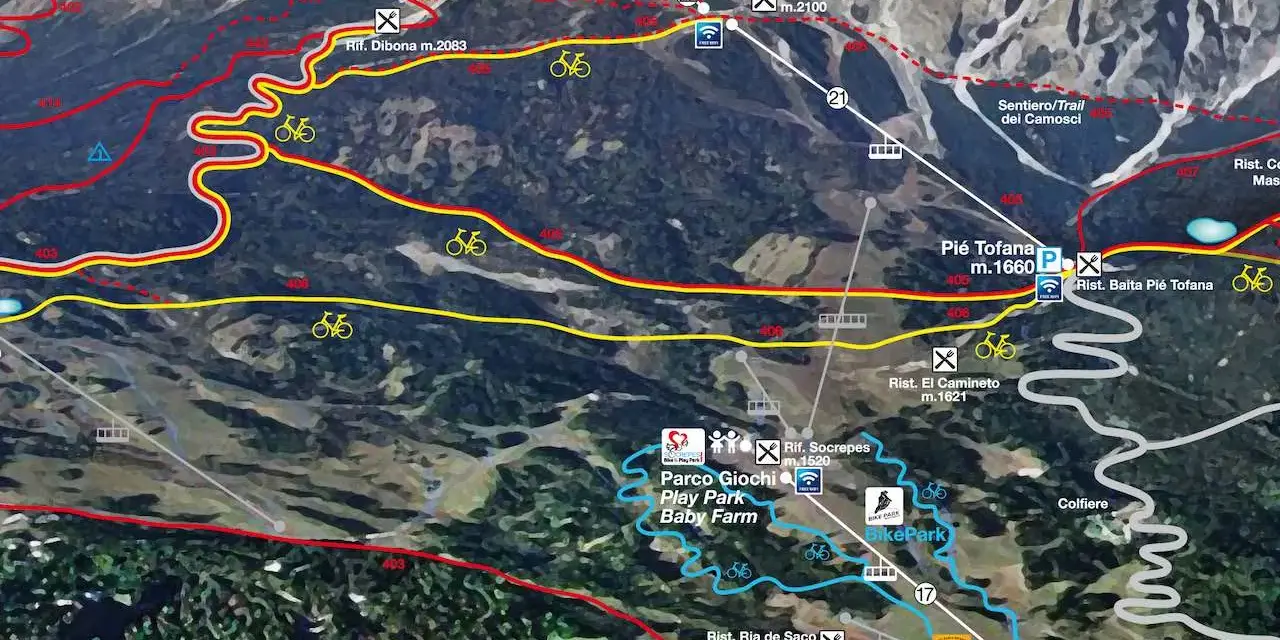 Mappa di sentieri montani con indicazioni per il "Sentiero dei Camosci", rifugi, piste ciclabili e aree gioco.