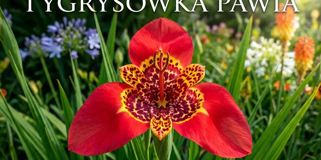 Tygrysówka pawia, z czerwonymi płatkami i cętkowanym wnętrzem, kwitnie wśród zieleni i innych barwnych kwiatów.