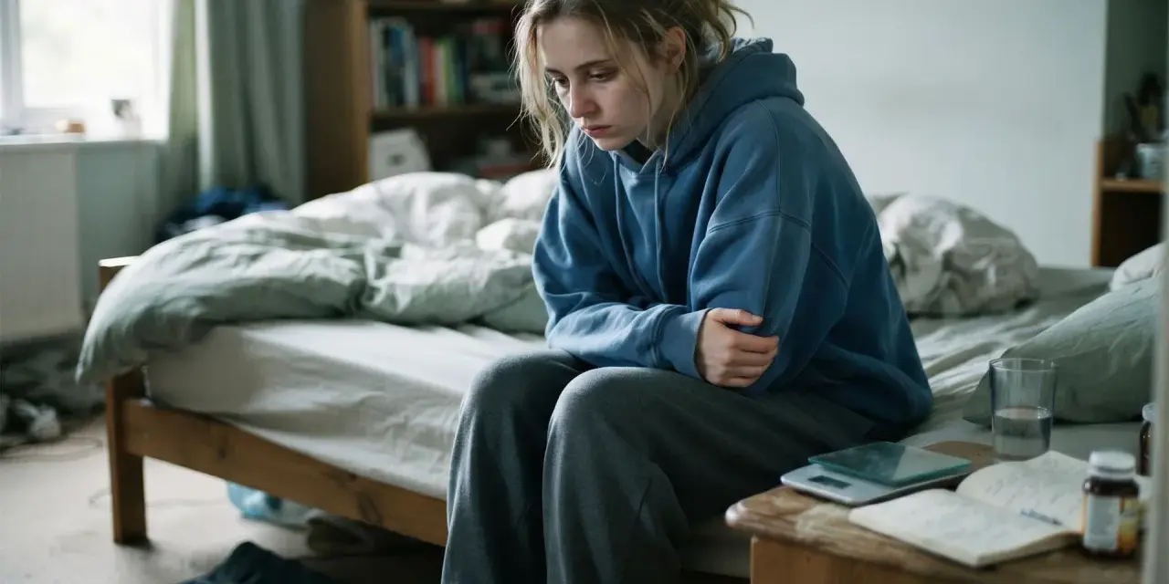 Ragazza seduta sul letto, pensierosa, con bilancia e diario sul comodino. Potrebbe riflettere le **anoressia cause madre** e le difficoltà emotive.