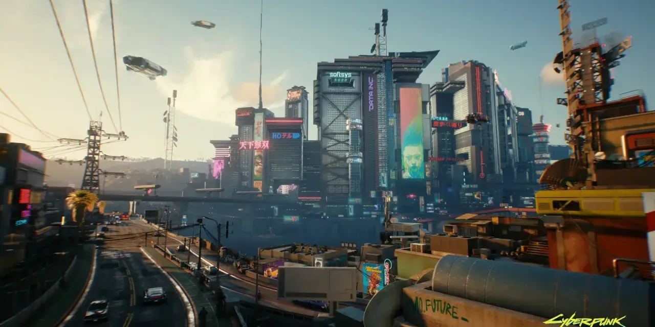 Ciudad futurista con rascacielos iluminados por neón, vehículos voladores y un ambiente de nivel máximo cyberpunk.