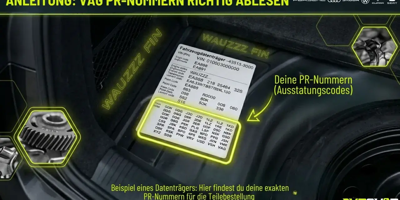 Anleitung zum Ablesen von VAG PR-Nummern (Ausstattungscodes) auf einem Fahrzeugdatenträger.