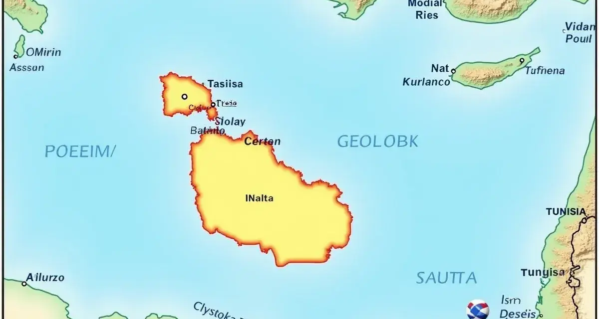 Mapa pokazuje, gdzie leży Malta, między Tunezją a Włochami. Widać archipelag z wyspami Gozo i Comino.