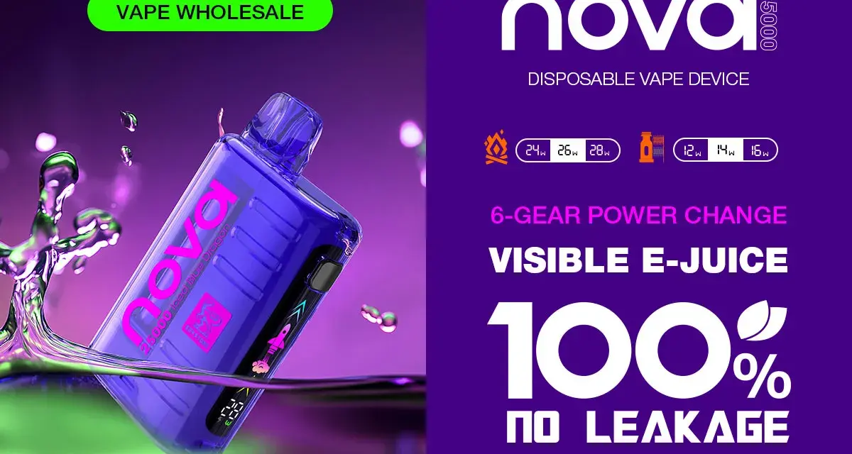 Vape Nova 25000, un dispositivo desechable con 6 niveles de potencia y e-líquido visible. ¡Disfruta de una experiencia de vapeo sin fugas!