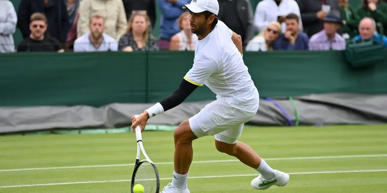 Fernando Verdasco Carmona, tenista español, golpea la pelota en una cancha de césped.